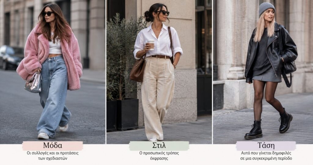 Τρεις γυναίκες με διαφορετικά σύνολα street style που απεικονίζουν τη διαφορά ανάμεσα στη μόδα, το προσωπικό στιλ και την τάση.