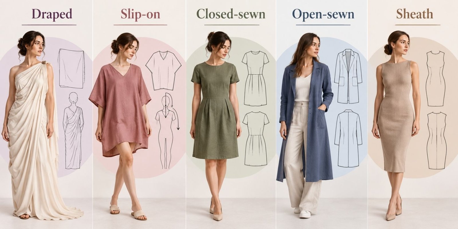 Οι 5 βασικοί τύποι ενδυμάτων: draped, slip-on, closed-sewn, open-sewn και sheath