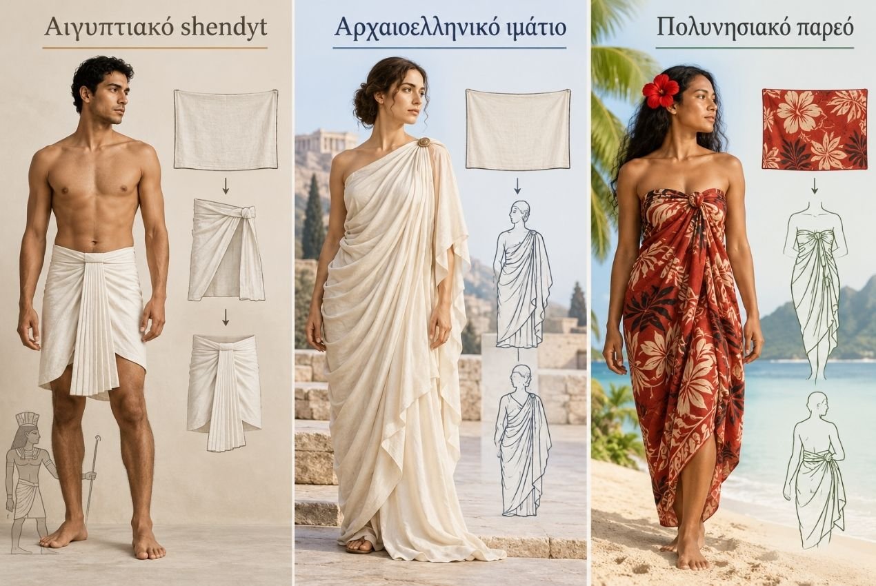 Παραδείγματα draped ενδυμάτων: αιγυπτιακό shendyt, αρχαιοελληνικό ιμάτιο και Παραδείγματα draped ενδυμάτων: αιγυπτιακό shendyt, αρχαιοελληνικό ιμάτιο και παρεό της Ταϊτής