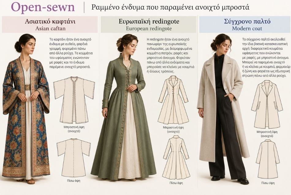 Παραδείγματα open-sewn ενδυμάτων: ασιατικό καφτάνι, ευρωπαϊκή redingote και σύγχρονο παλτό