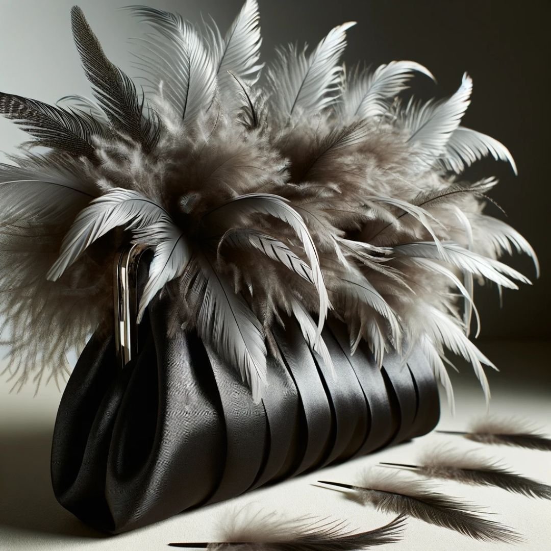 Here is the image of an evening clutch purse with grey turkey feathers trim from sxediomodas.gr