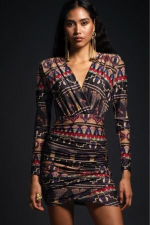 Μίνι φόρεμα Peace + Chaos με μεταλλικό tribal print, εφέ wrap και βαθύ ντεκολτέ