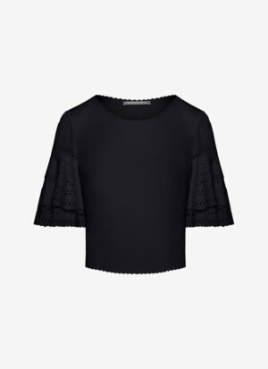 Cropped T-Shirt with Ruffled Sleeves in Black