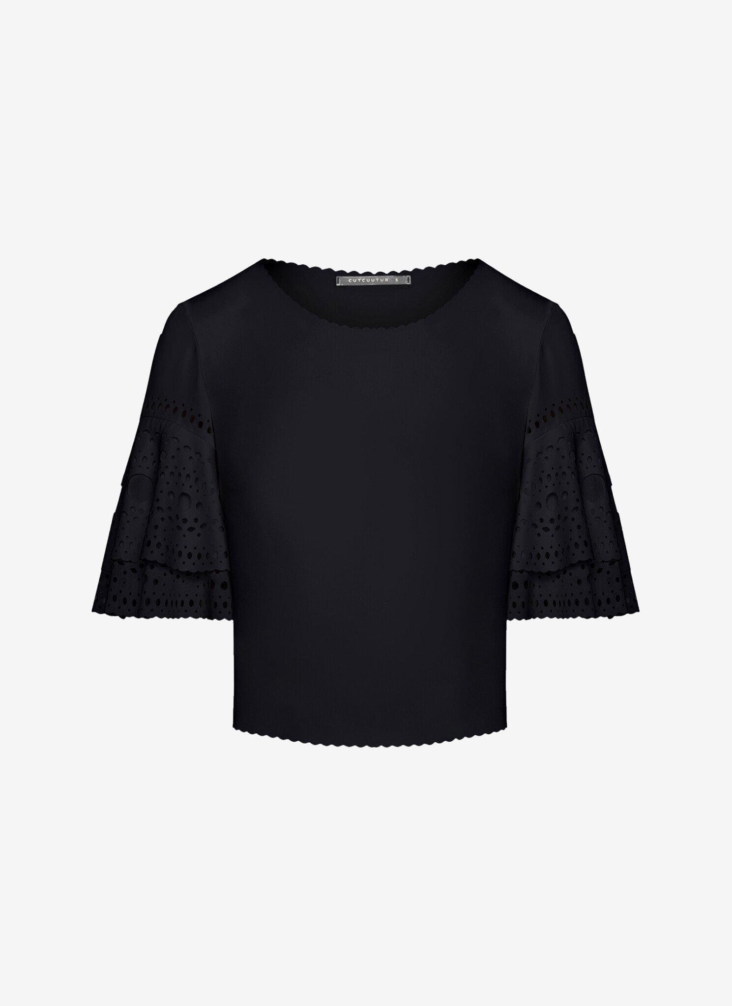Cropped T-Shirt with Ruffled Sleeves in Black