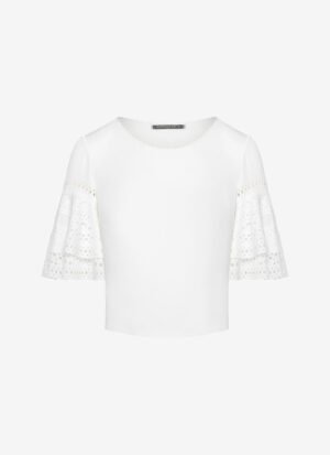 Cropped T-Shirt with Ruffled Sleeves in White