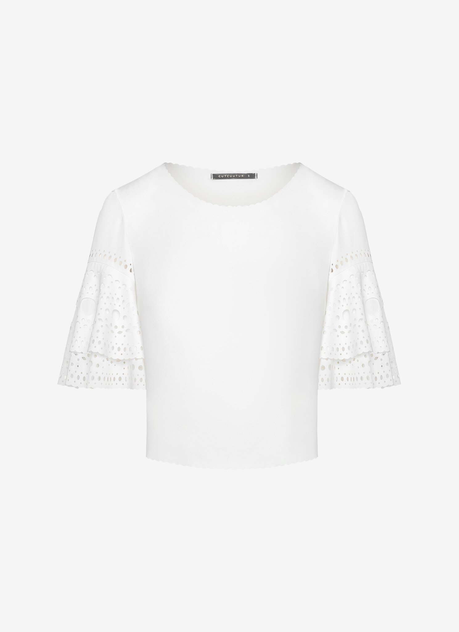 Cropped T-Shirt with Ruffled Sleeves in White