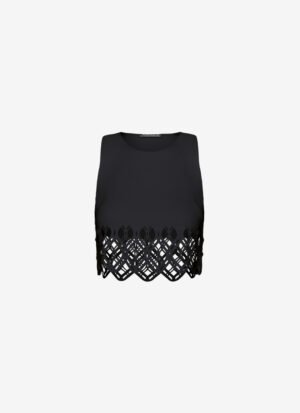 Cropped Tank Top With Laser-Cut Print Around Hem in Black