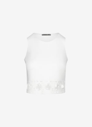 Cropped Tank Top With Laser-Cut Print Around Hem in White