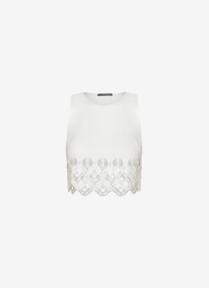 Cropped Tank Top With Laser-Cut Print Around Hem in White