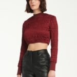 Long Sleeved Cropped Top In Burgundy
