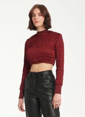 Long Sleeved Cropped Top In Burgundy