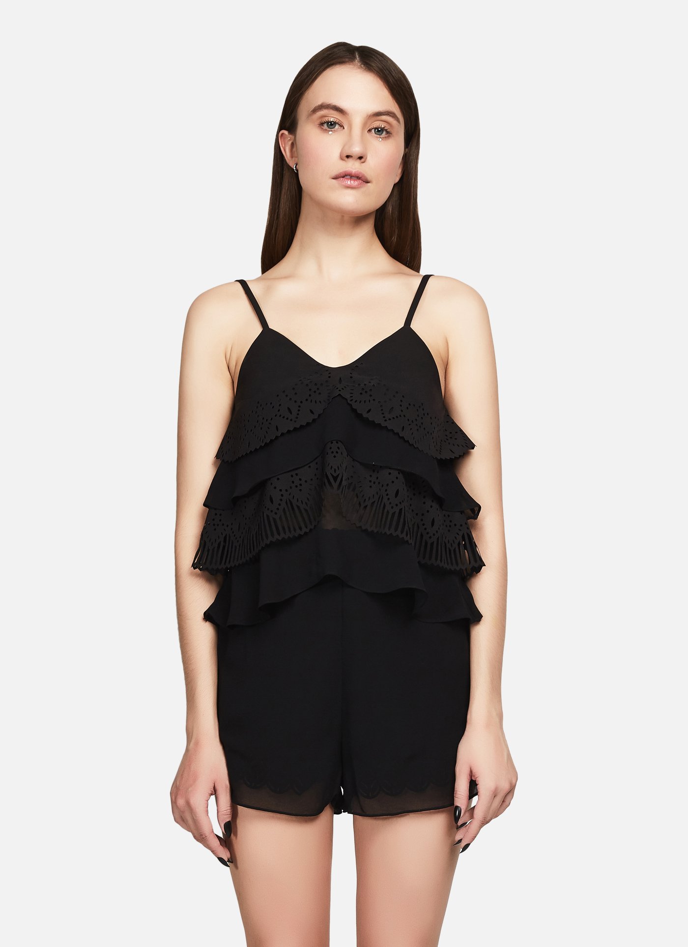 Ruffled Tank Top In Black Crepe