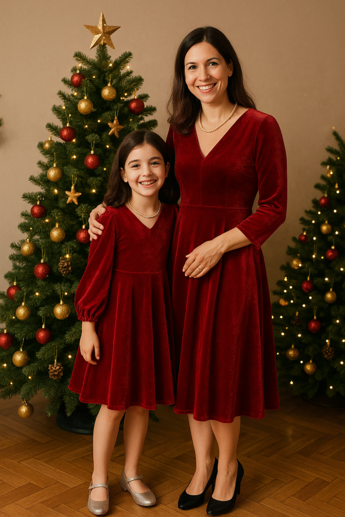 Μητέρα και κόρη σε festive φωτογράφιση, που προωθεί δωρεάν πατρόν φορέματος μαμάς και κόρης σε μεσαίο μέγεθος, διαθέσιμα για ράψιμο σε οποιοδήποτε ύφασμα και χρώμα.