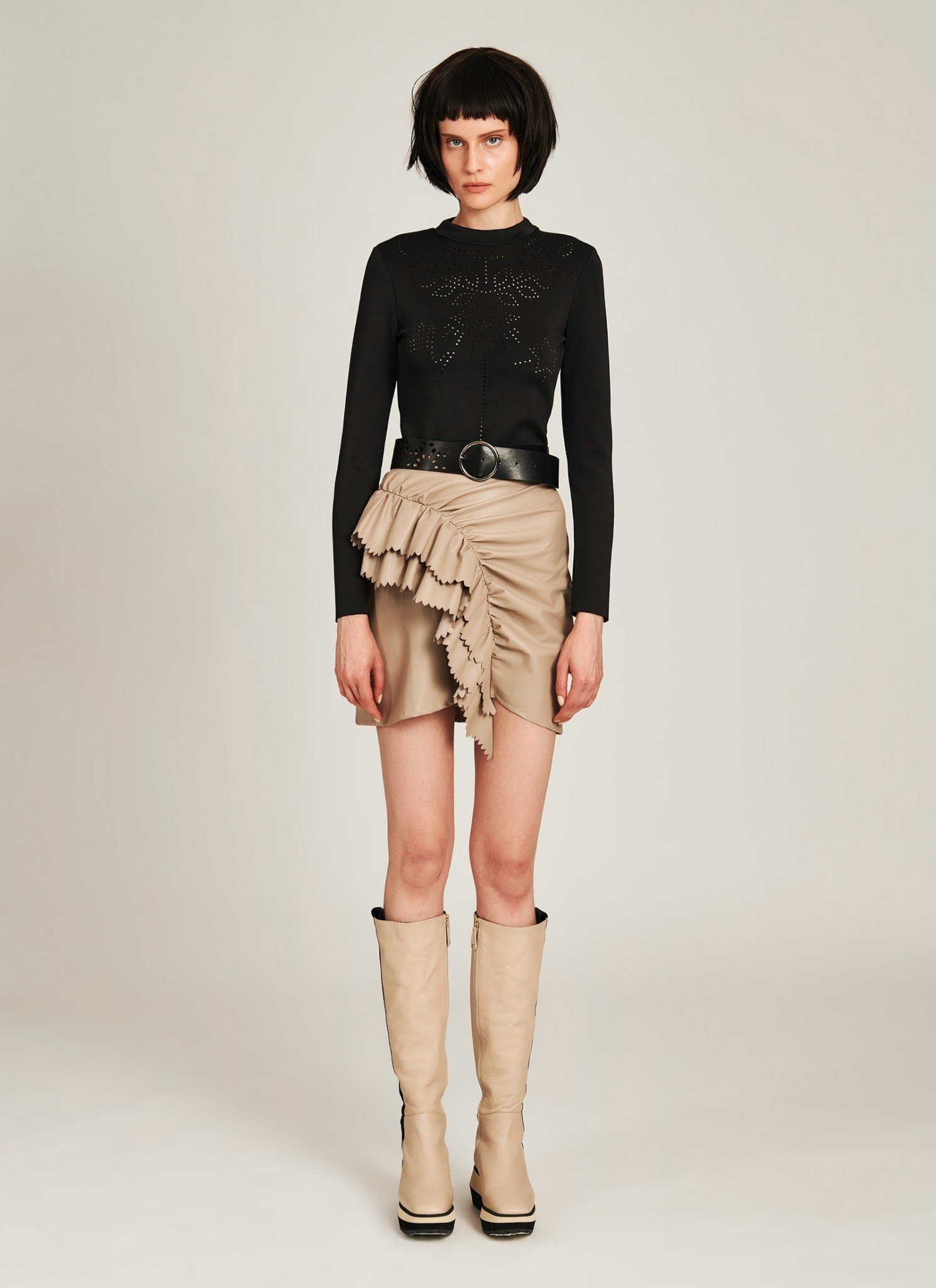 Mini Skirt With Draped Ruffles In Beige