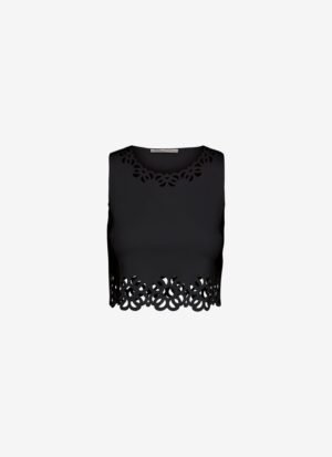 Cropped Tank Top with Laser-Cut Print around Hem in Black