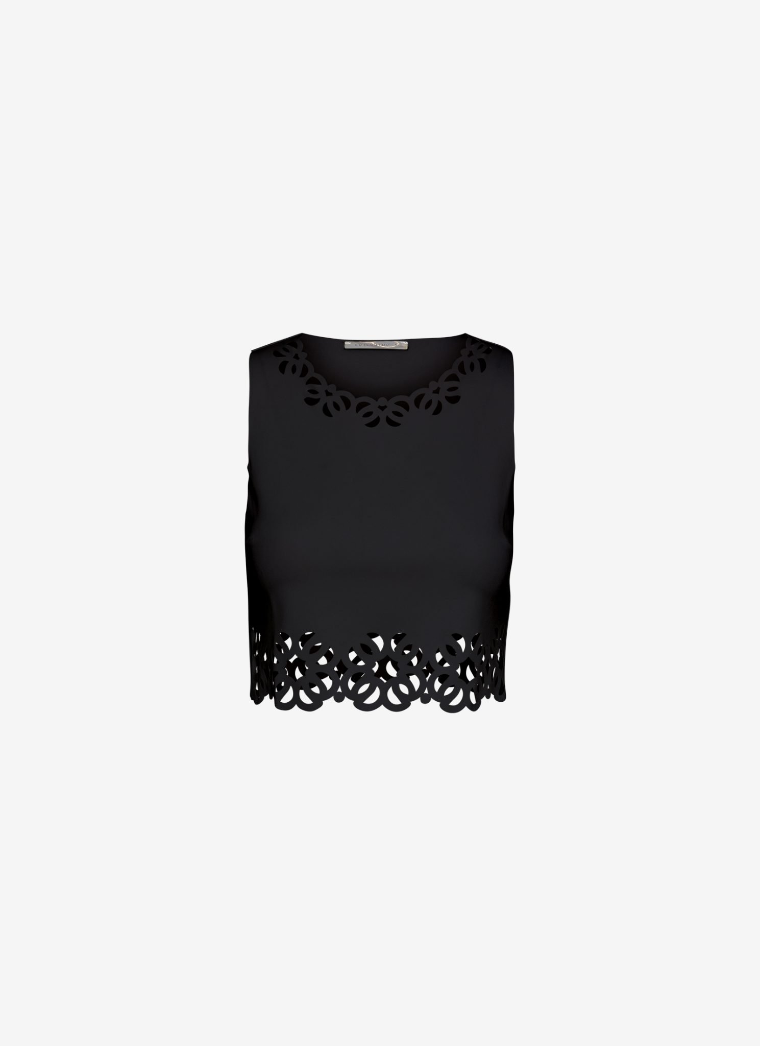 Cropped Tank Top with Laser-Cut Print around Hem in Black