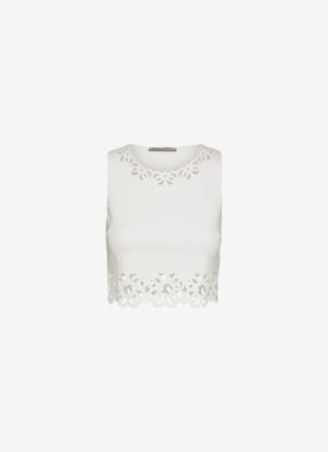 Cropped Tank Top with Laser-Cut Print around Hem in White